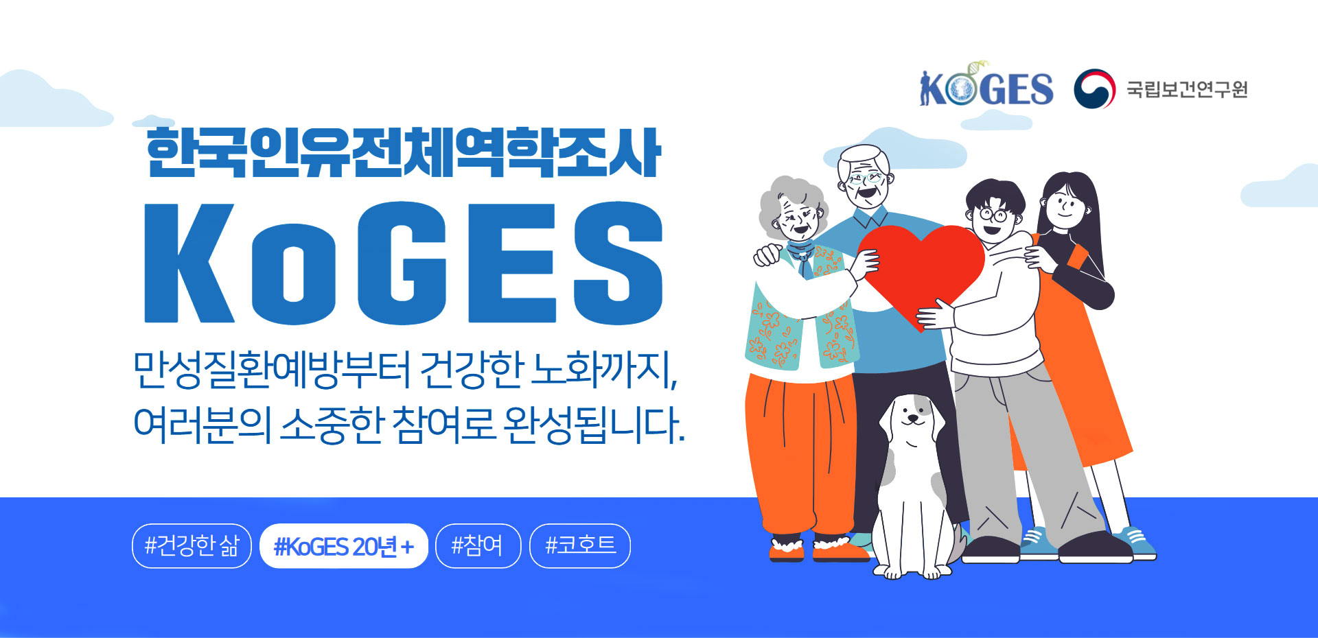 koGES 국립보건연구원 한국인유전체역학조사KoGES만성질환부터건강한노화까지,여러분의소중한참여로완성됩니다.#건강한삶#KoGES20년+#참여#코호트